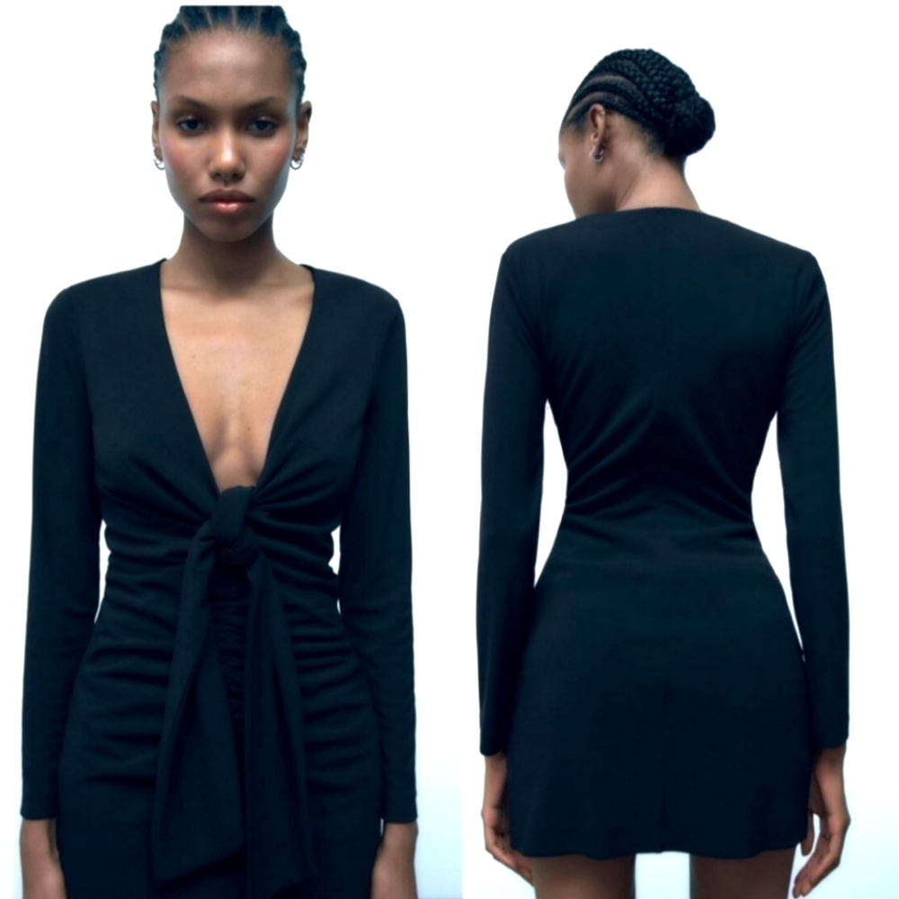 Zara Black Tie Front Ruched Bodycon Mini Dress Long Sleeve Size S